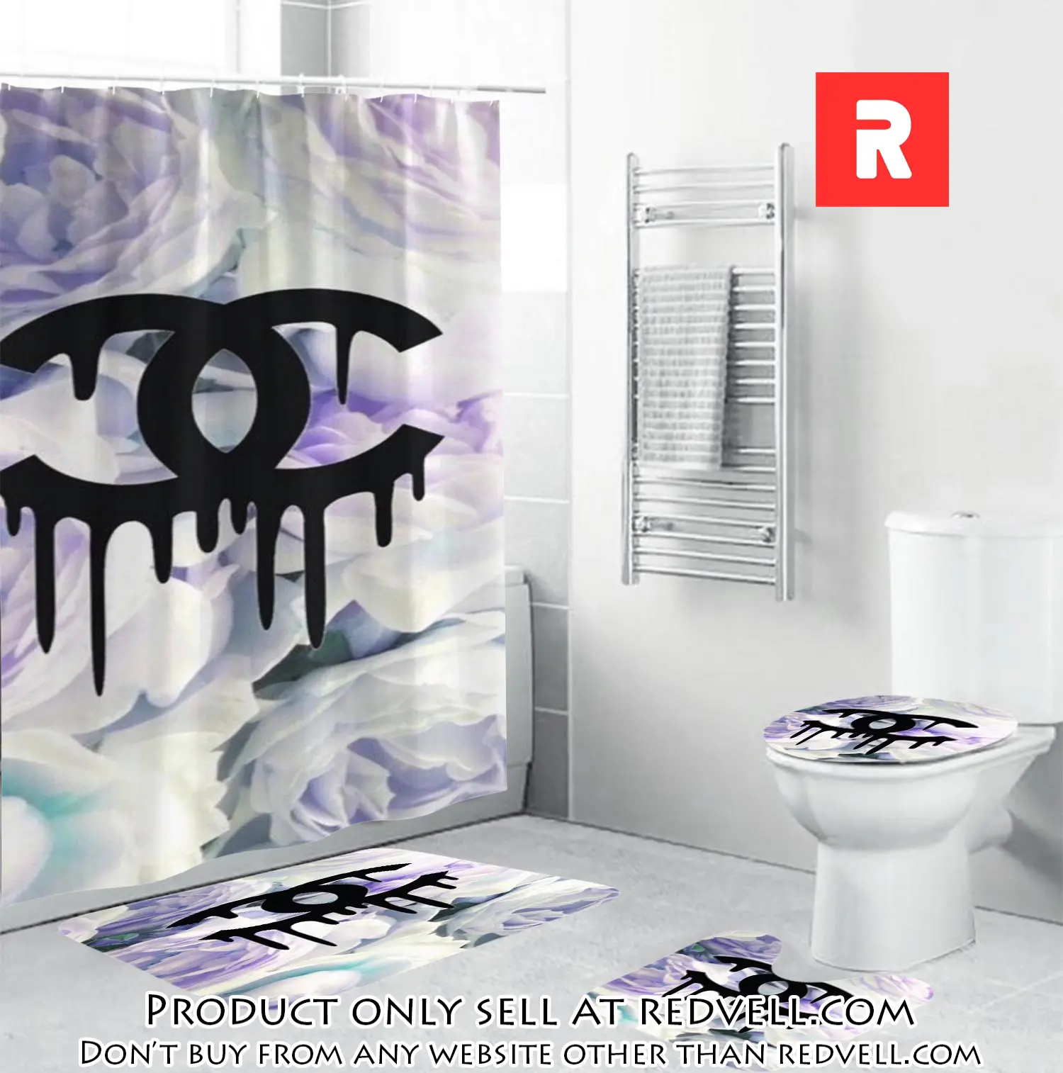 Coco chanel black dripping logo in floral background bathroom set shower curtain rv3718076
